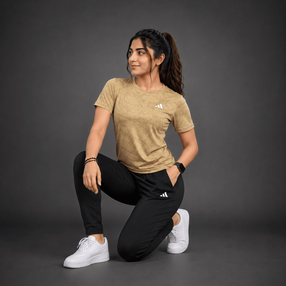 Women Lycra Active Wear 2-Piece Set – Beige Mesh T-Shirt & Black Trouser | Sports & Gym Wear
