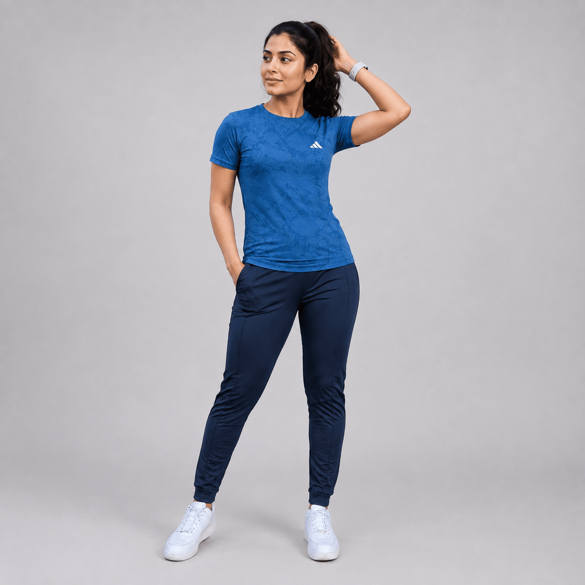 Women Lycra Active Wear 2-Piece Set – Blue Mesh T-Shirt & Black Trouser | Sports & Gym Wear