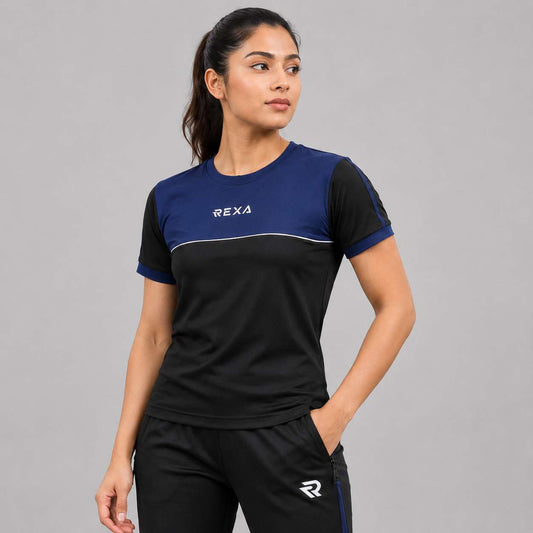 Women Navy & Black Summer Tracksuit Shirt – Half Sleeve | Lightweight & Athletic Fit