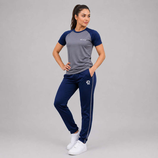 Women Gray & Navy Summer Tracksuit Shirt – Half Sleeve | Lightweight & Modern Athletic Fit