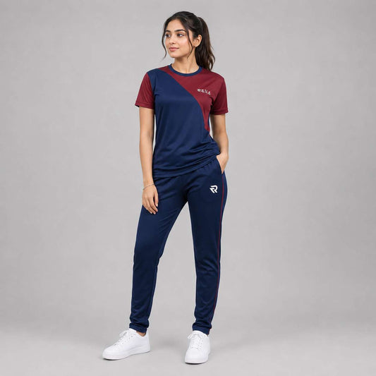 Women Navy & Maroon Summer Tracksuit – Half Sleeve | Lightweight & Sporty