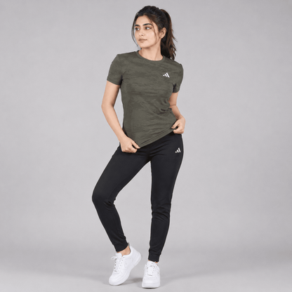 Women Lycra Active Wear 2-Piece Set – Olive Green T-Shirt & Black Trouser | Sports & Gym Wear