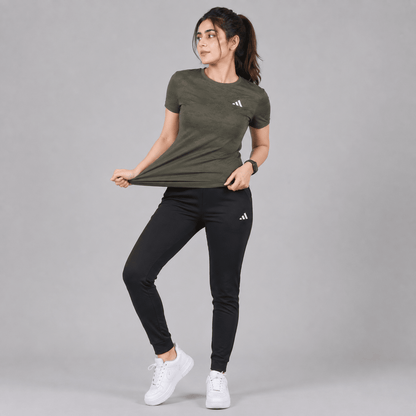 Women Lycra Active Wear 2-Piece Set – Olive Green T-Shirt & Black Trouser | Sports & Gym Wear