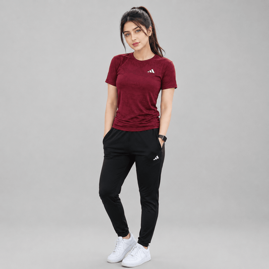 Women Lycra Active Wear 2-Piece Set – Meroon Mesh T-Shirt & Black Trouser | Sports & Gym Wear