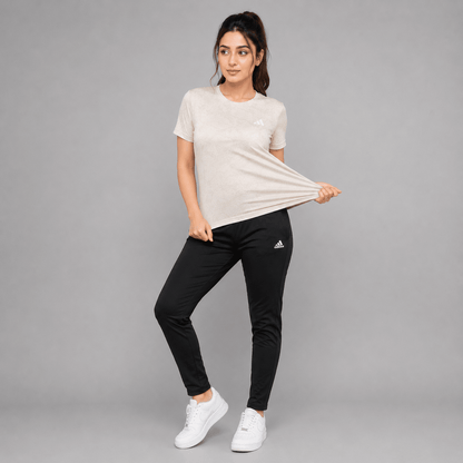 Women Lycra Active Wear 2-Piece Set – White Mesh T-Shirt & Black Trouser | Sports & Gym Wear