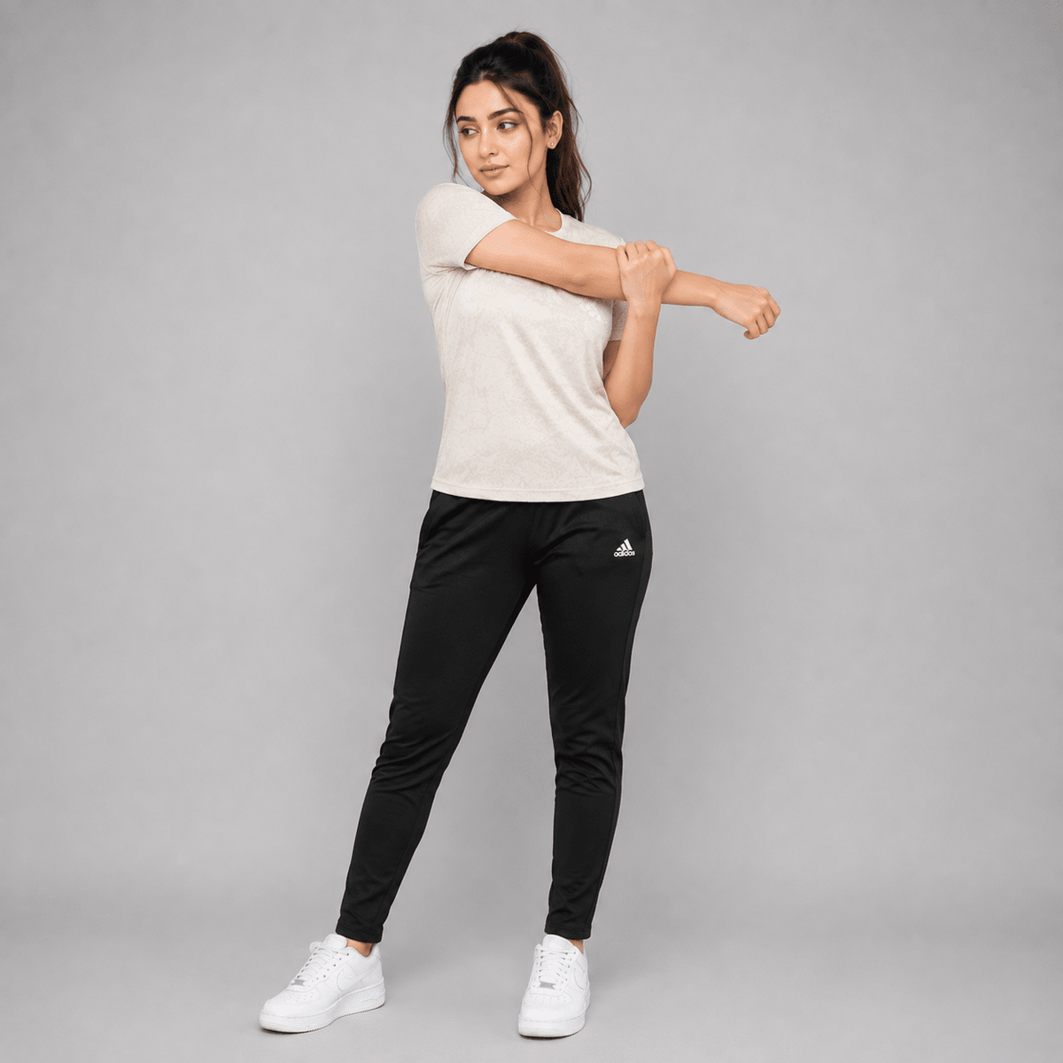 Women Lycra Active Wear 2-Piece Set – White Mesh T-Shirt & Black Trouser | Sports & Gym Wear