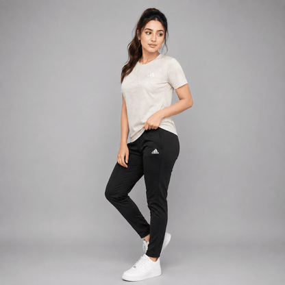 Women Lycra Active Wear 2-Piece Set – White Mesh T-Shirt & Black Trouser | Sports & Gym Wear