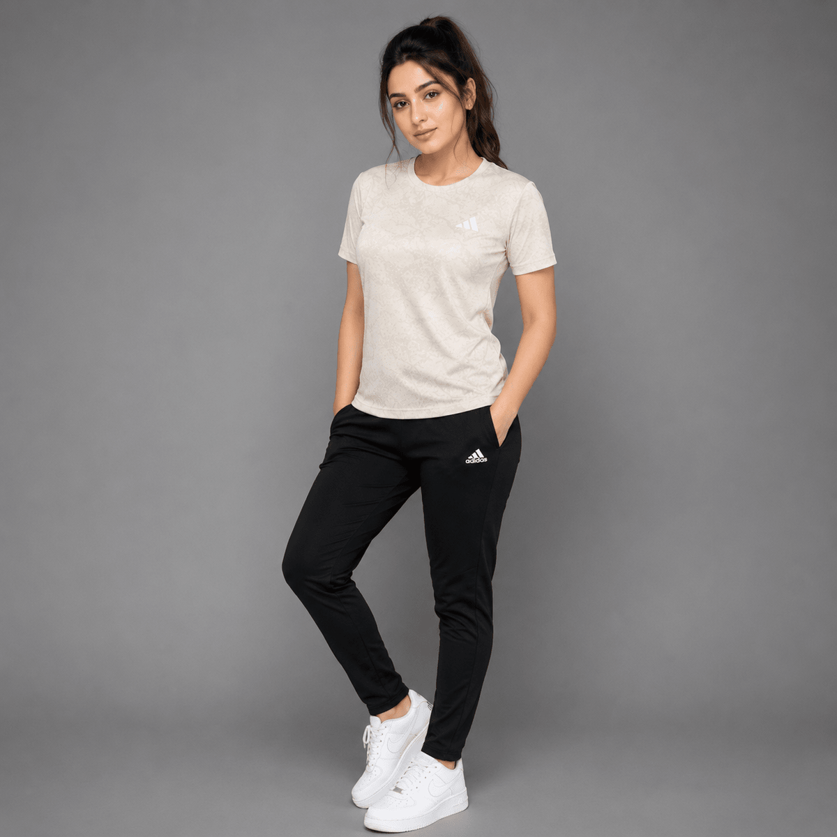 Women Lycra Active Wear 2-Piece Set – White Mesh T-Shirt & Black Trouser | Sports & Gym Wear