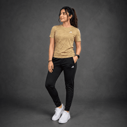 Women Lycra Active Wear 2-Piece Set – Beige Mesh T-Shirt & Black Trouser | Sports & Gym Wear