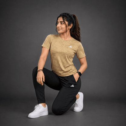 Women Lycra Active Wear 2-Piece Set – Beige Mesh T-Shirt & Black Trouser | Sports & Gym Wear