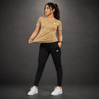 Women Lycra Active Wear 2-Piece Set – Beige Mesh T-Shirt & Black Trouser | Sports & Gym Wear