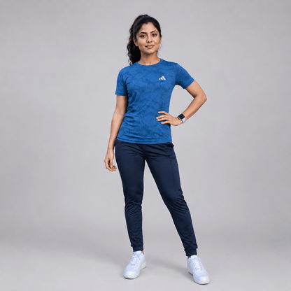 Women Lycra Active Wear 2-Piece Set – Blue Mesh T-Shirt & Black Trouser | Sports & Gym Wear