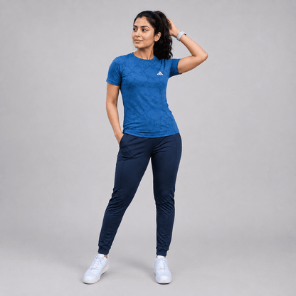 Women Lycra Active Wear 2-Piece Set – Blue Mesh T-Shirt & Black Trouser | Sports & Gym Wear