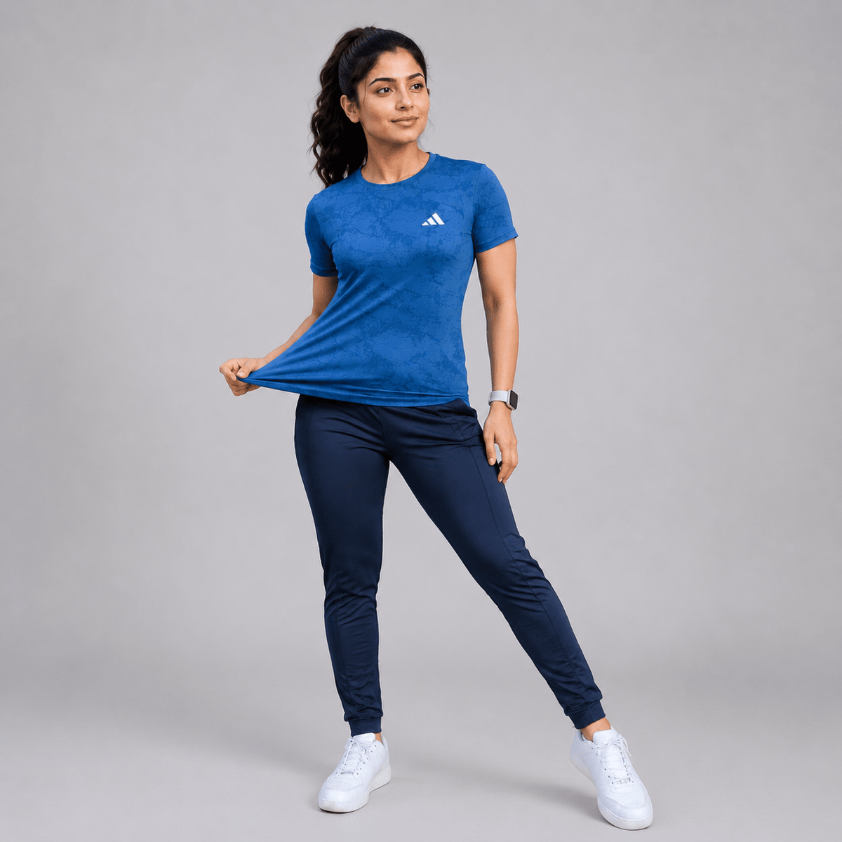 Women Lycra Active Wear 2-Piece Set – Blue Mesh T-Shirt & Black Trouser | Sports & Gym Wear