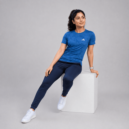 Women Lycra Active Wear 2-Piece Set – Blue Mesh T-Shirt & Black Trouser | Sports & Gym Wear