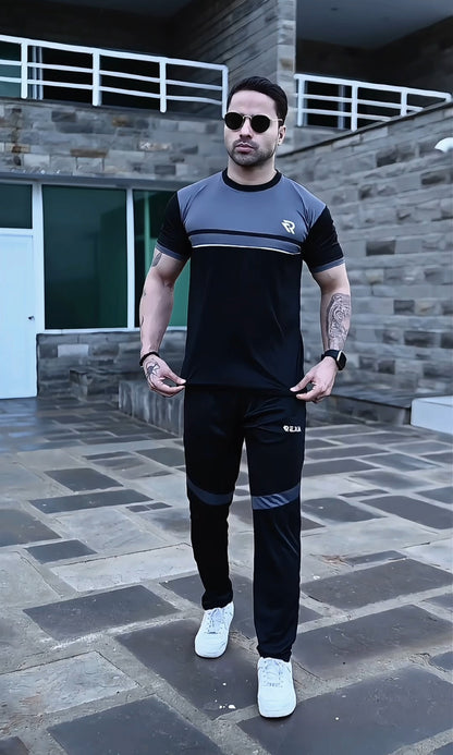 Black & Gray Summer Tracksuit Shirt – Half Sleeve | Breathable Activewear Top