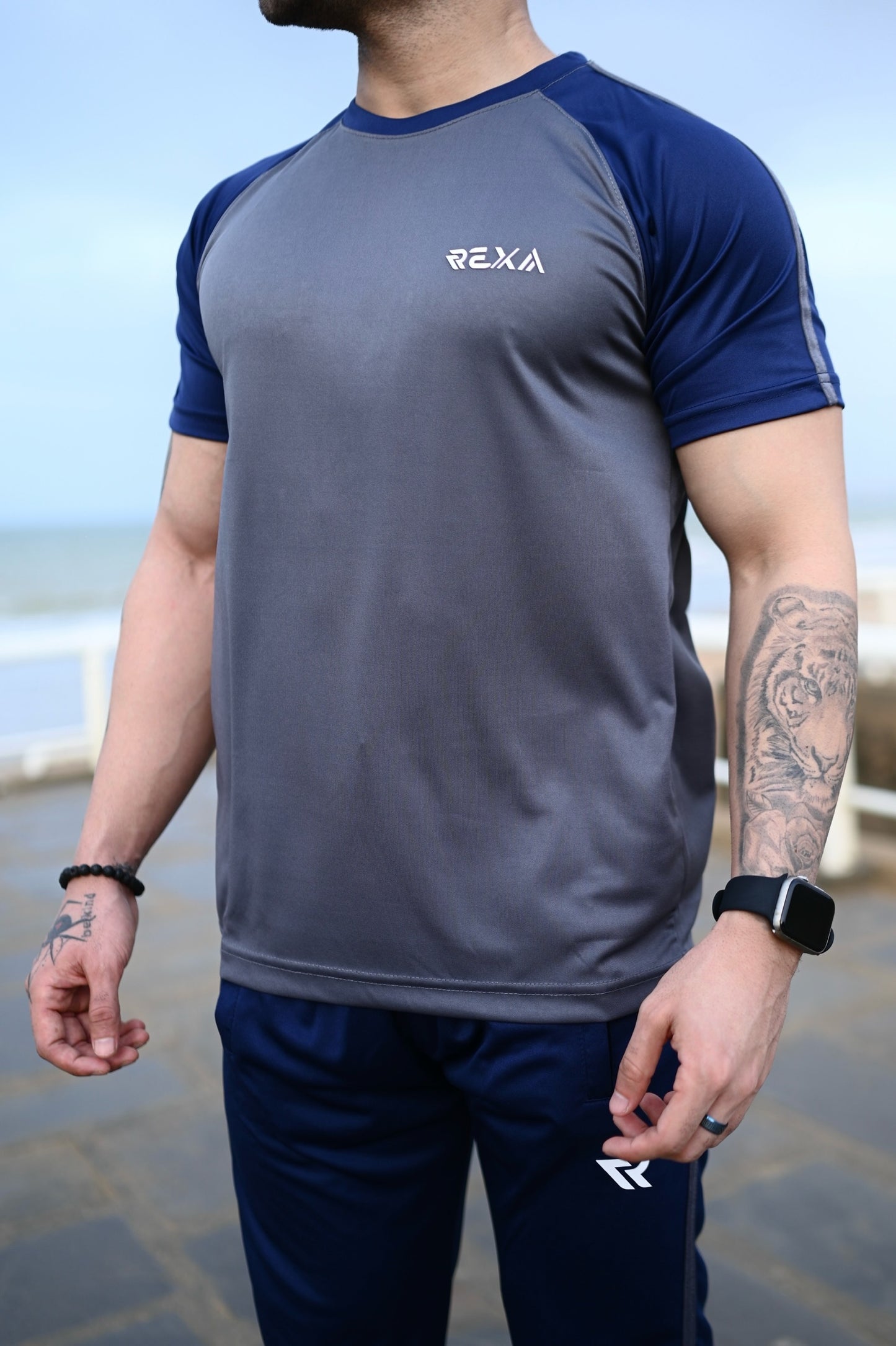 Gray & Navy Summer Tracksuit Shirt – Half Sleeve | Lightweight & Modern Athletic Fit