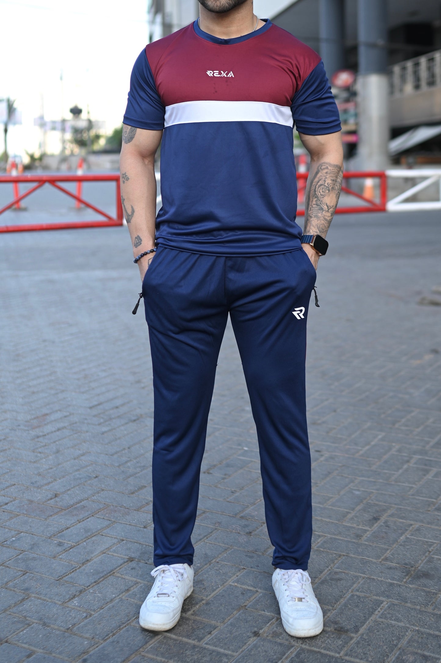 Men’s Activewear Summer Tracksuit – Maroon & Navy | Lightweight & Athletic Fit