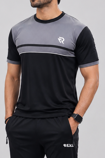 Black & Gray Summer Tracksuit Shirt – Half Sleeve | Breathable Activewear Top