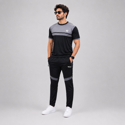 Black & Gray Summer Tracksuit Shirt – Half Sleeve | Breathable Activewear Top