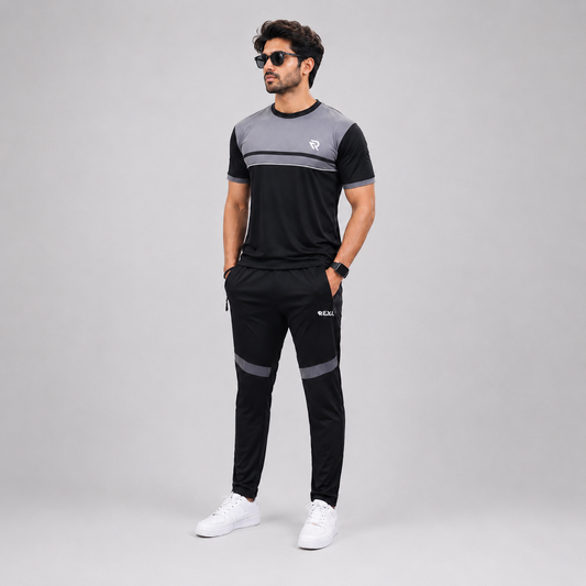 Black & Gray Summer Tracksuit Shirt – Half Sleeve | Breathable Activewear Top